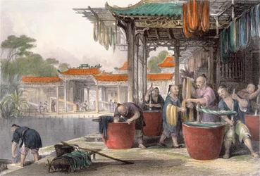 1843年にG.パターソンによって彫刻されたジョージニューウェナムライト（c.1790-1877）の「一連の眺めの中の中国」のシルクの染色と巻上げ